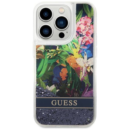 Чехол CG Mobile Guess Liquid Glitter Hard Flower Pattern для iPhone 14 Pro, цвет Синий (GUHCP14LLFLSB)