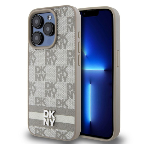 Чехол DKNY PU Checkered Printed stripes Metal logo Hard Beige для iPhone 15 Pro Max, бежевый