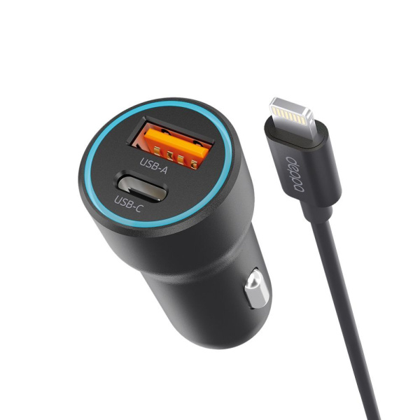 Автомобильное зарядное устройство USB-C + USB A, 20Вт, 3А, PD, QC, кабель USB-C - Lightning (MFI), 1.2м, черный