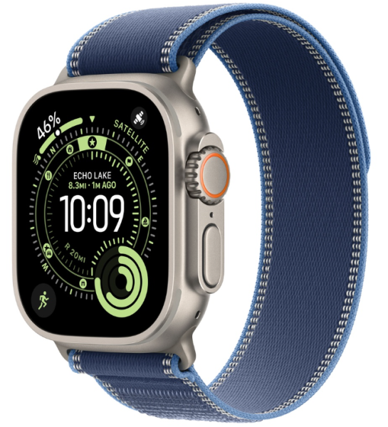 Apple Watch Ultra 3 (2025), 49 мм корпус из титана цвета «Natural», ремешок Trail Loop размера S/M цвета «Blue/Bright Blue»