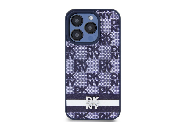 Чехол DKNY PU Checkered Printed stripes Metal logo Hard Blue для iPhone 15 Pro, синий
