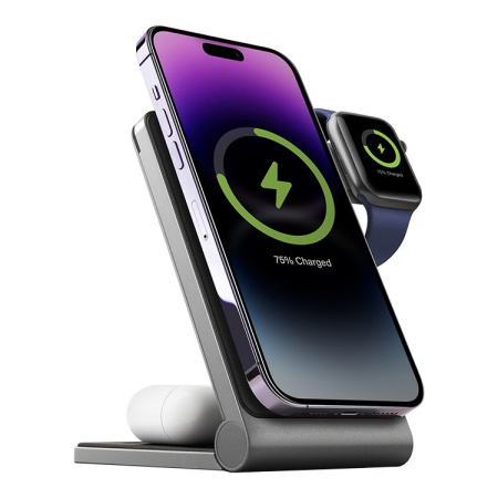 Беспроводная зарядка EnergEA MagTrio 3in1 magnetic wireless foldable charger 15W, серая