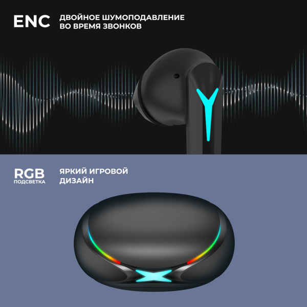 Игровые беспроводные наушники Deppa Air Play, BT 5.3, зарядный чехол 300 мАч, черный (44197)