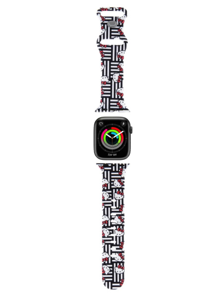 Ремешок Hello Kitty Liquid silicone Heads and Stripes Black для Apple Watch 42/41/40 mm