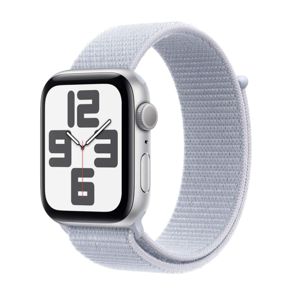 Apple Watch SE (2024), 44 мм корпус из алюминия цвета «Silver», ремешок Sport Loop цвета «Blue Cloud»