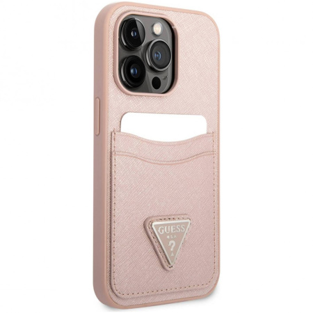 Чехол CG Mobile Guess PU Saffiano Double cardslot w Metal triangle logo Hard для iPhone 14 Pro, цвет Розовый