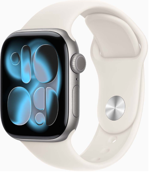 Apple Watch Series 11, 46 мм корпус из алюминия цвета «Space Gray», ремешок Sport Band цвета «Starlight»