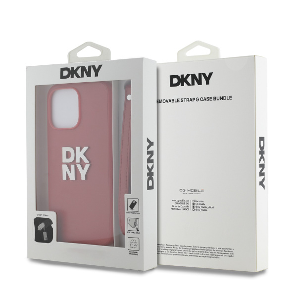 Чехол DKNY PU Stack metal logo Hard + Hand strap Pink для iPhone 15 Pro Max, розовый