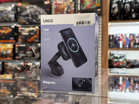 Магнитный держатель Uniq Magnea Magnetic wireless 15W с беспроводной зарядкой + АЗУ All-in-one, цвет Темно-серый (MAGCARKIT-DGREY)