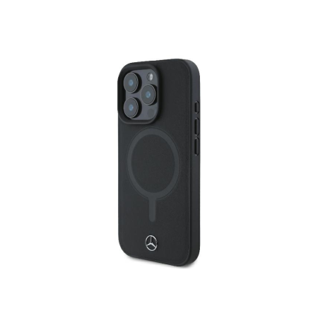Чехол Mercedes Leather Plain Smooth with Ring Metal logo Hard Black (MagSafe) для iPhone 16 Pro, черный
