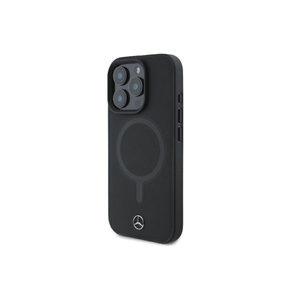 Чехол Mercedes Leather Plain Smooth with Ring Metal logo Hard Black (MagSafe) для iPhone 16 Pro, черный