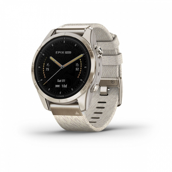 Смарт часы Garmin Epix Pro (Gen 2) Sapphire Edition 42 мм, золотистый корпус с нейлоновым ремешком сливочного цвета