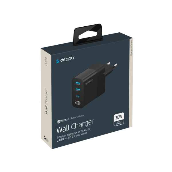 Сетевое зарядное устройство Deppa Wall Charger [2xUSB + USB-C] 30W с дисплеем, Black (11395)