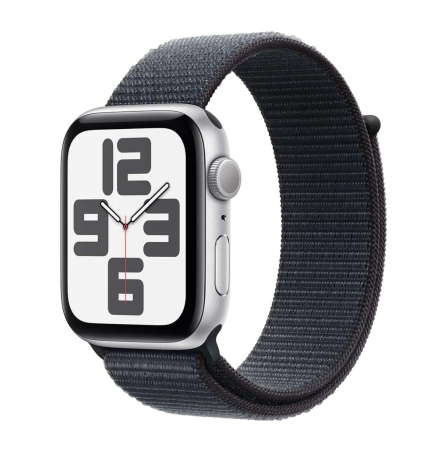 Apple Watch SE (2024), 44 мм корпус из алюминия цвета «Silver», ремешок Sport Loop цвета «Ink»
