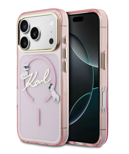 Чехол Lagerfeld IML NFT Choupettes Script logo Metal Cam Hard Pink (MagSafe) для iPhone 17 Pro