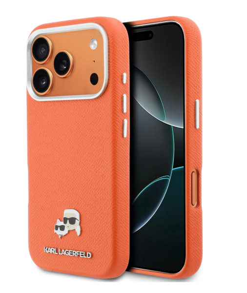 Чехол Lagerfeld PU Saffiano FW NFT Karl&Choup metal & Cam Hard Orange (MagSafe) для iPhone 17 Pro