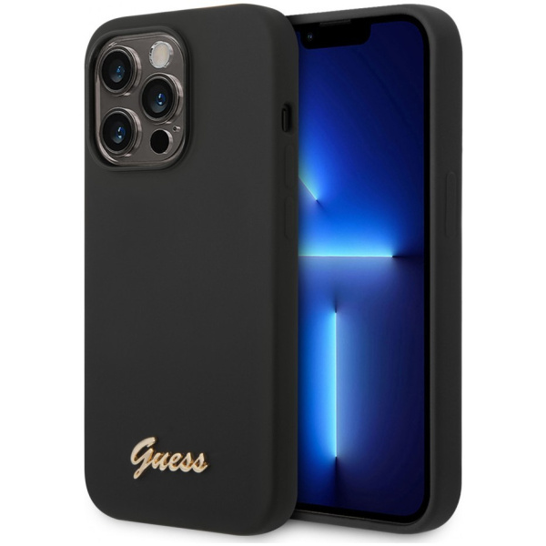 Чехол CG Mobile Guess Liquid silicone Gold metal logo Hard для iPhone 14 Pro, цвет Черный