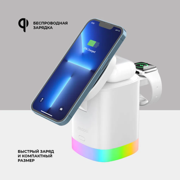 Беспроводная зарядная станция Deppa MagSafe Tower Stand 3 в 1, Белый (23159)