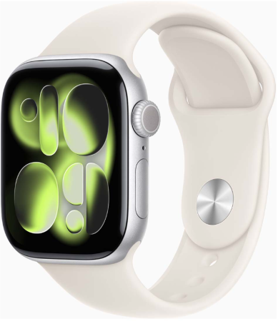 Apple Watch Series 11, 46 мм корпус из алюминия цвета «Silver», ремешок Sport Band цвета «Starlight»