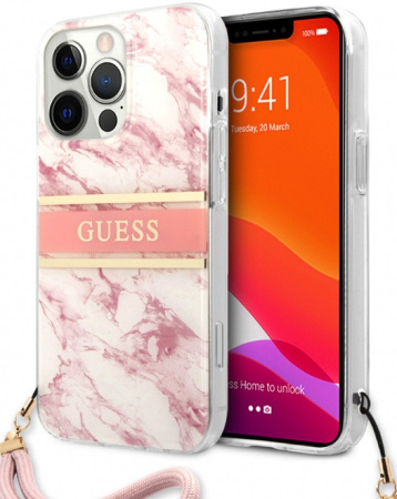 Чехол CG Mobile Guess PC/TPU Marble Hard + Nylon hand cord для iPhone 13 Pro Max, цвет Розовый (GUHCP13XKMABPI)