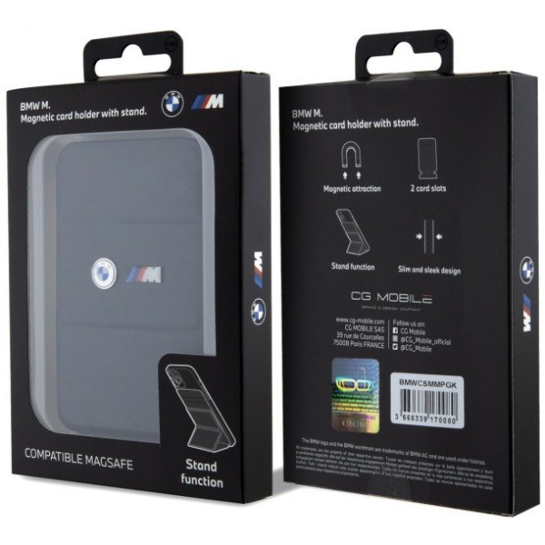 Магнитный картхолдер BMW Wallet MagSafe Cardslot Stand M-Collection PU with metal logo, цвет Черный (BMWCSMMPGK)