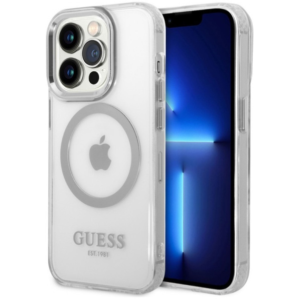 Чехол Guess PC/TPU Metal outline Hard (MagSafe) для iPhone 15 Pro Max, цвет Прозрачный/Серебристый (GUHMP15XHTRMS)