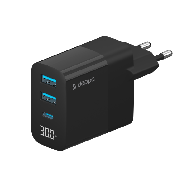 Сетевое зарядное устройство Deppa Wall Charger [2xUSB + USB-C] 30W с дисплеем, Black (11395)
