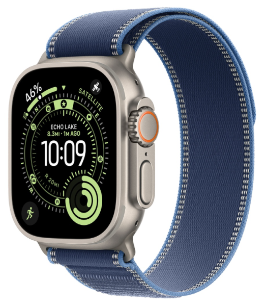Apple Watch Ultra 3 (2025), 49 мм корпус из титана цвета «Natural», ремешок Trail Loop, цвета «Blue/Bright Blue»