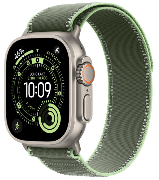 Apple Watch Ultra 3 (2025), 49 мм корпус из титана цвета «Natural», ремешок Trail Loop размера S/M цвета «Green/Neon»
