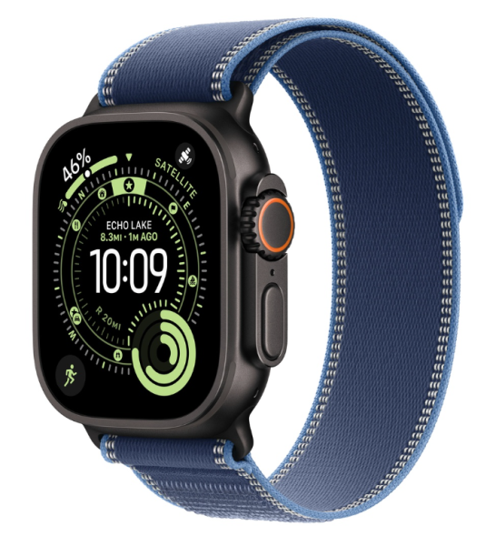 Apple Watch Ultra 3 (2025), 49 мм корпус из титана цвета «Black», ремешок Trail Loop размера, цвета «Blue/Bright Blue»
