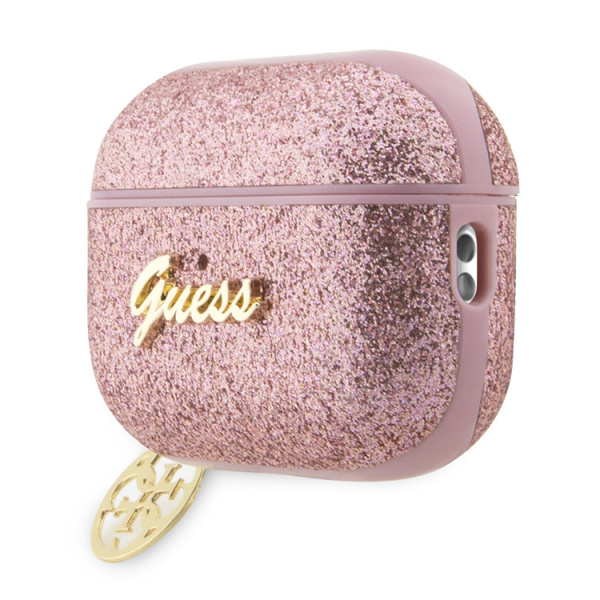 Чехол Guess Glitter flakes Metal logo with Heart charm для Airpods Pro 2 (2022), розовый