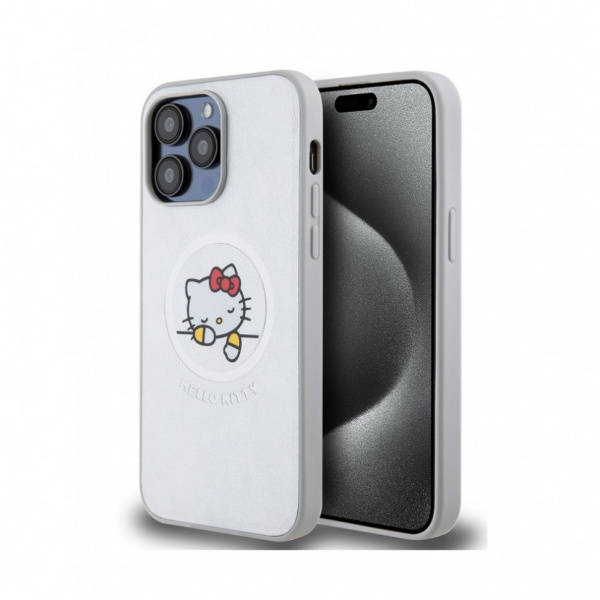 Чехол Hello Kitty PU Leather Kitty Asleep Hard (MagSafe) для iPhone 15 Pro Max, цвет Серебристый