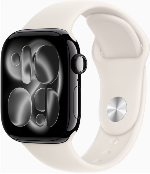 Apple Watch Series 11, 42 мм корпус из алюминия цвета «Jet Black», ремешок Sport Band цвета «Starlight»