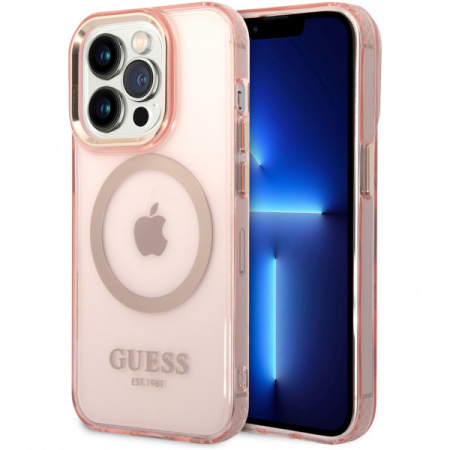 Чехол CG Mobile Guess PC/TPU Metal outline Hard Translucent MagSafe для iPhone 14 Pro, цвет Розовый/Золотой (GUHMP14LHTCMP)