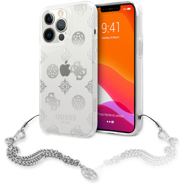 Чехол CG Mobile Guess PC/TPU Peony Hard + Siver hand chain для iPhone 13 Pro Max, цвет Прозрачный/Серебристая цепь (GUHCP13XKSPESI)