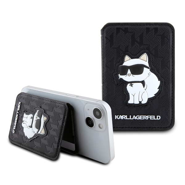 Магнитный бумажник-подставка Karl Lagerfeld Wallet MagSafe Cardslot Stand Saffiano Monogram NFT Choupette Black