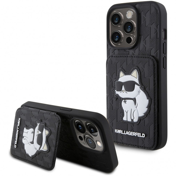 Чехол Karl Lagerfeld Cardslot Stand PU Saffiano Monogram NFT Choupette Hard для iPhone 15 Pro, цвет Черный