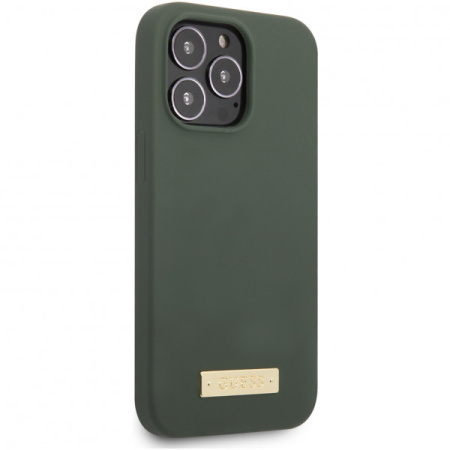 Чехол CG Mobile Guess Liquid silicone Plate metal logo Hard (MagSafe) для iPhone 13 Pro Max, цвет Зеленый (GUHMP13XSPLA)