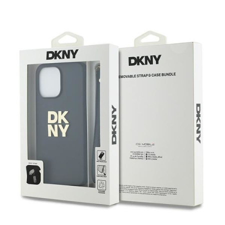 Чехол DKNY PU Stack metal logo Hard + Hand strap Black для iPhone 15 Pro Max, чёрный