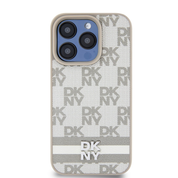 Чехол DKNY PU Checkered Printed stripes Metal logo Hard Beige для iPhone 15 Pro Max, бежевый