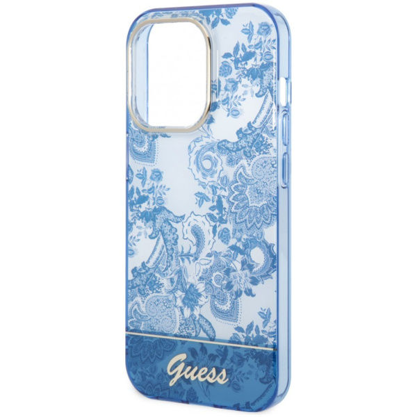 Чехол CG Mobile Guess PC/TPU Toile de Jouy w Electroplated camera Hard для iPhone 14 Pro, цвет Голубой