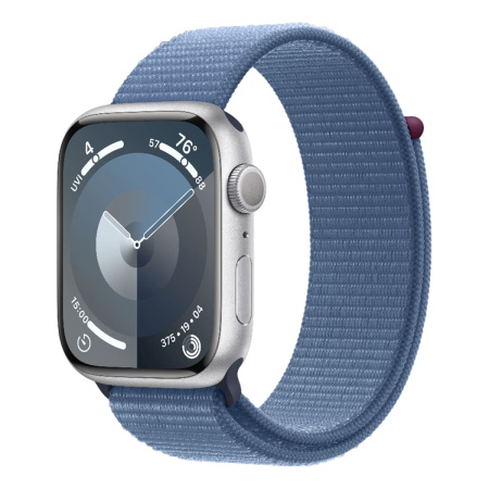 Apple Watch Series 9, 45 мм корпус из алюминия цвета «Silver», ремешок Sport Loop «Winter Blue»