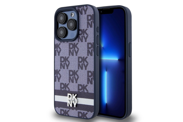 Чехол DKNY PU Checkered Printed stripes Metal logo Hard Blue для iPhone 15 Pro Max, синий