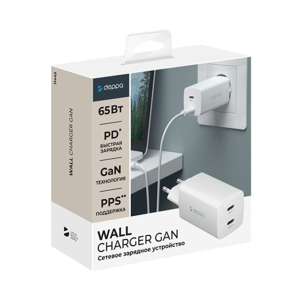 Сетевое зарядное устройство Wall Charger USB-C + USB-С, 65Вт, PD, GaN, белый
