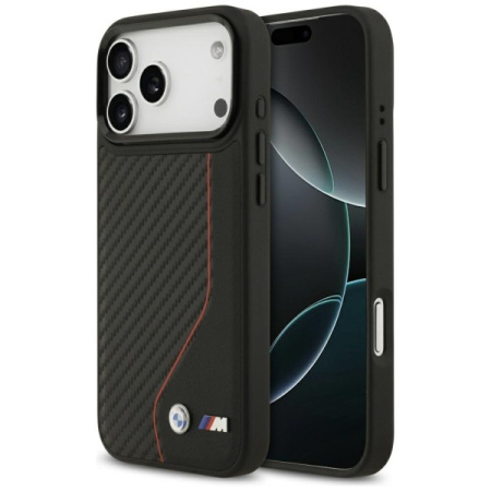 Чехол BMW M-series PU Carbon/Smooth Metal logo & Cam Hard Black/Red (MagSafe) для iPhone 17 Pro Max