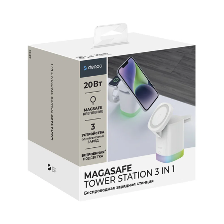Беспроводная зарядная станция Deppa MagSafe Tower Stand 3 в 1, Белый (23159)