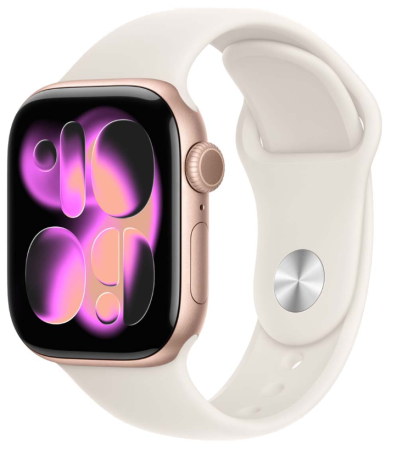 Apple Watch Series 11, 46 мм корпус из алюминия цвета «Rose Gold», ремешок Sport Band цвета «Starlight»