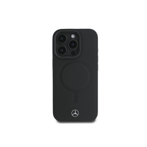 Чехол Mercedes Leather Plain Smooth with Ring Metal logo Hard Black (MagSafe) для iPhone 16 Pro, черный