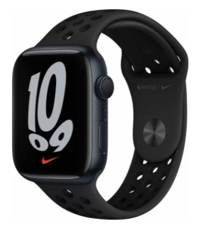 Apple Watch Nike Series 7, 45 мм, корпус из алюминия цвета «тёмная ночь», спортивный ремешок Nike цвета «чёрный»