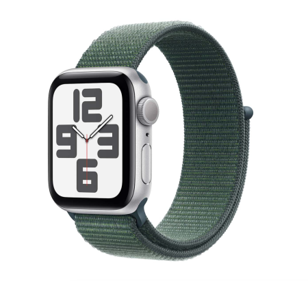 Apple Watch SE (2024), 40 мм корпус из алюминия цвета «Silver», ремешок Sport Loop цвета «Lake Green»